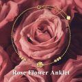 wholesale 14K Gold Solid Rose Flower Beaded Chain Anklet Bracelet for Women - Birthday & Christmas Gifts for Her or Mom - Beach Foot Jewelry (9 Inches)-0-1