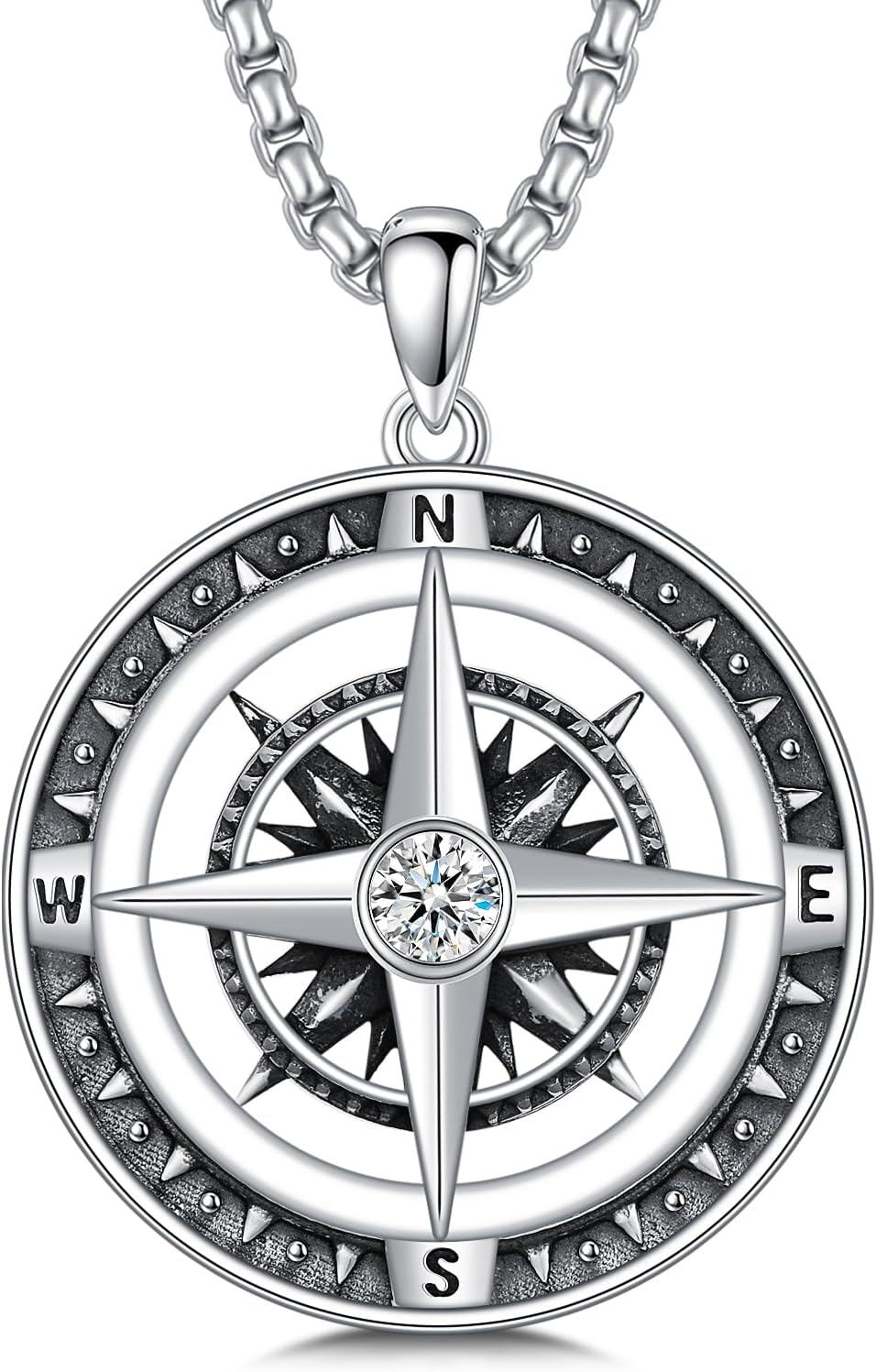 Sterling Silver Compass Necklace with Celtic Knot Skull World Map Pendant-0-1