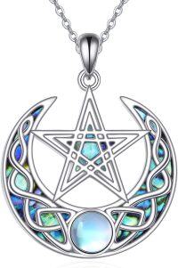 wholesale 925 Sterling Silver Pagan Wiccan Amulet with Moon Star & Triquetra Symbols and Opalite Stone Pendant Necklace for Women Men  48cm Chain Length-Pentagram