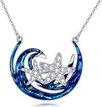 wholesale 925 Sterling Silver Starfish Ocean Wave Pendant Necklace for Women Girls  Blue Enamel 3D Design Chain Length Adjustable (18-20 inches)-Starfish Necklace