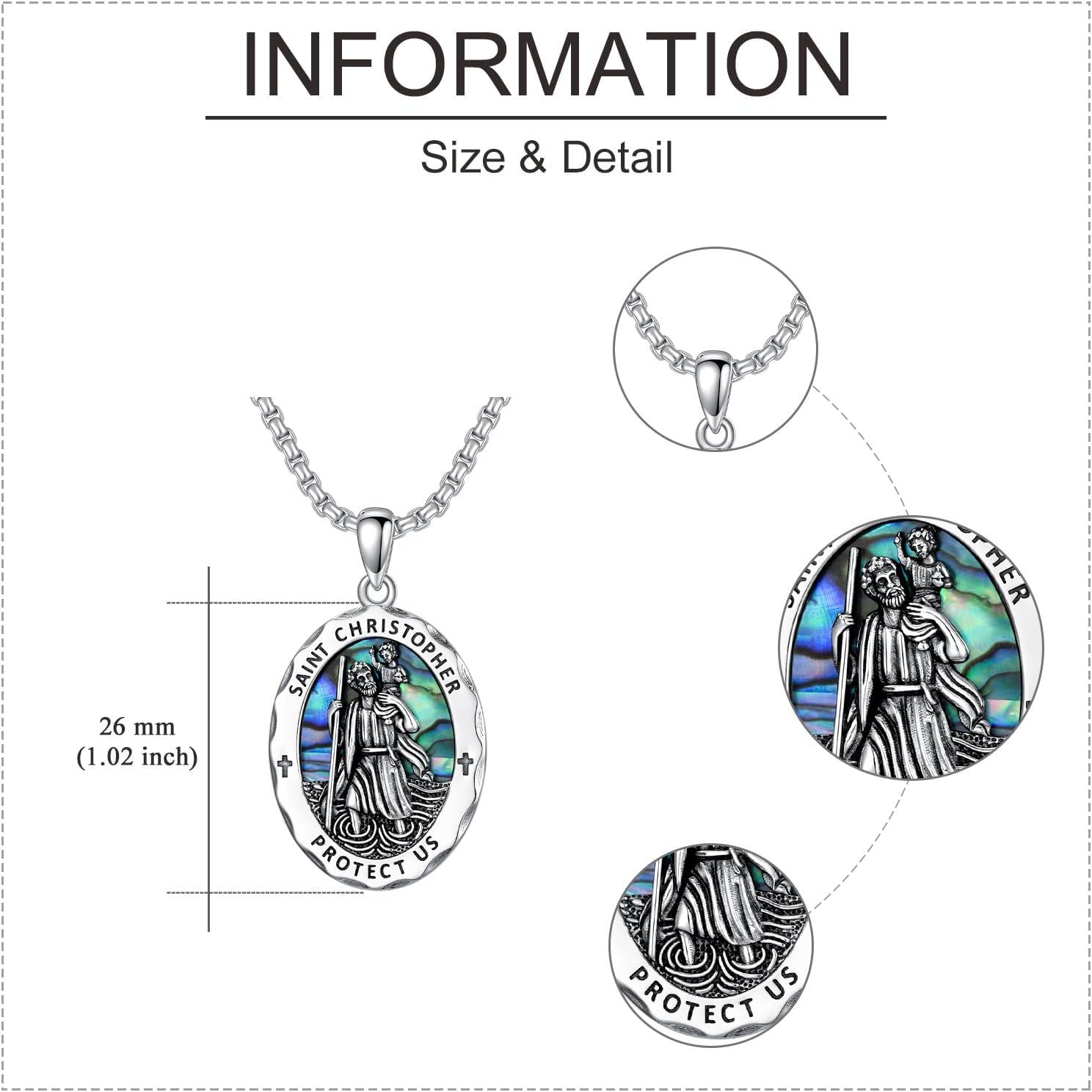 wholesale 925 Sterling Silver Oval St Christopher Protect Us Medal w/ Abalone Shell & Chain-0-2