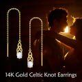 wholesale 14K Gold Opal Celtic Knot Threader Drop Earrings with Long Chain - White Stone for Her-0-2