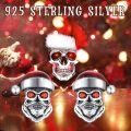 wholesale 925 Sterling Silver Santa Claus Skull Stud Earrings with Red and Green Stones - Gothic Punk Style Gift for Women Men-0-5