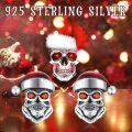 wholesale 925 Sterling Silver Santa Claus Skull Stud Earrings with Red and Green Stones - Gothic Punk Style Gift for Women Men-0-5