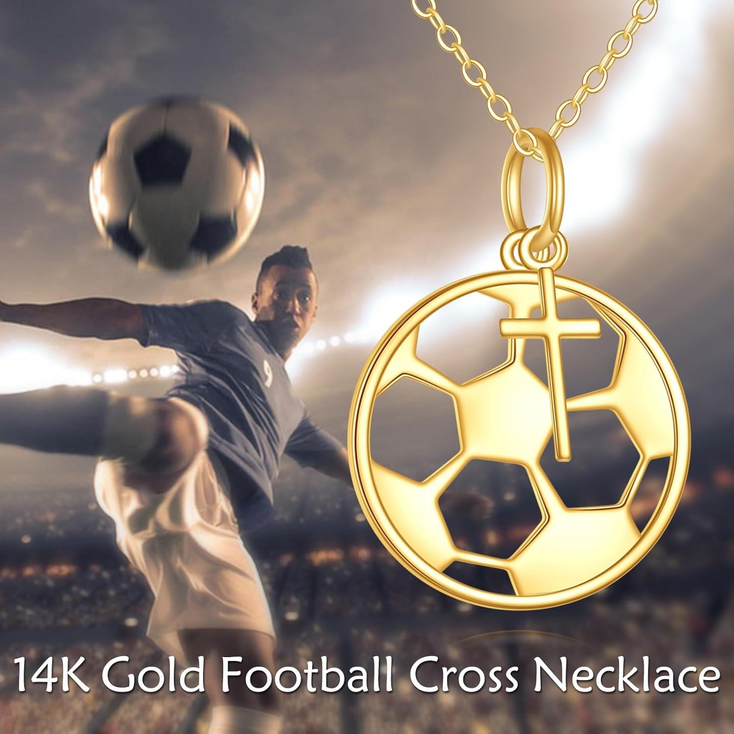 14K Gold Soccer Ball Cross Pendant Necklace - Sports s for Women and Men-0-5