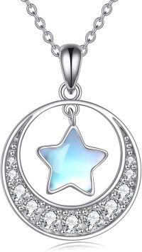 wholesale 925 Sterling Silver Star & Moon Pendant Necklace with Cubic Zirconia Stones - Gifts for Her-Moonstone moon and star necklace