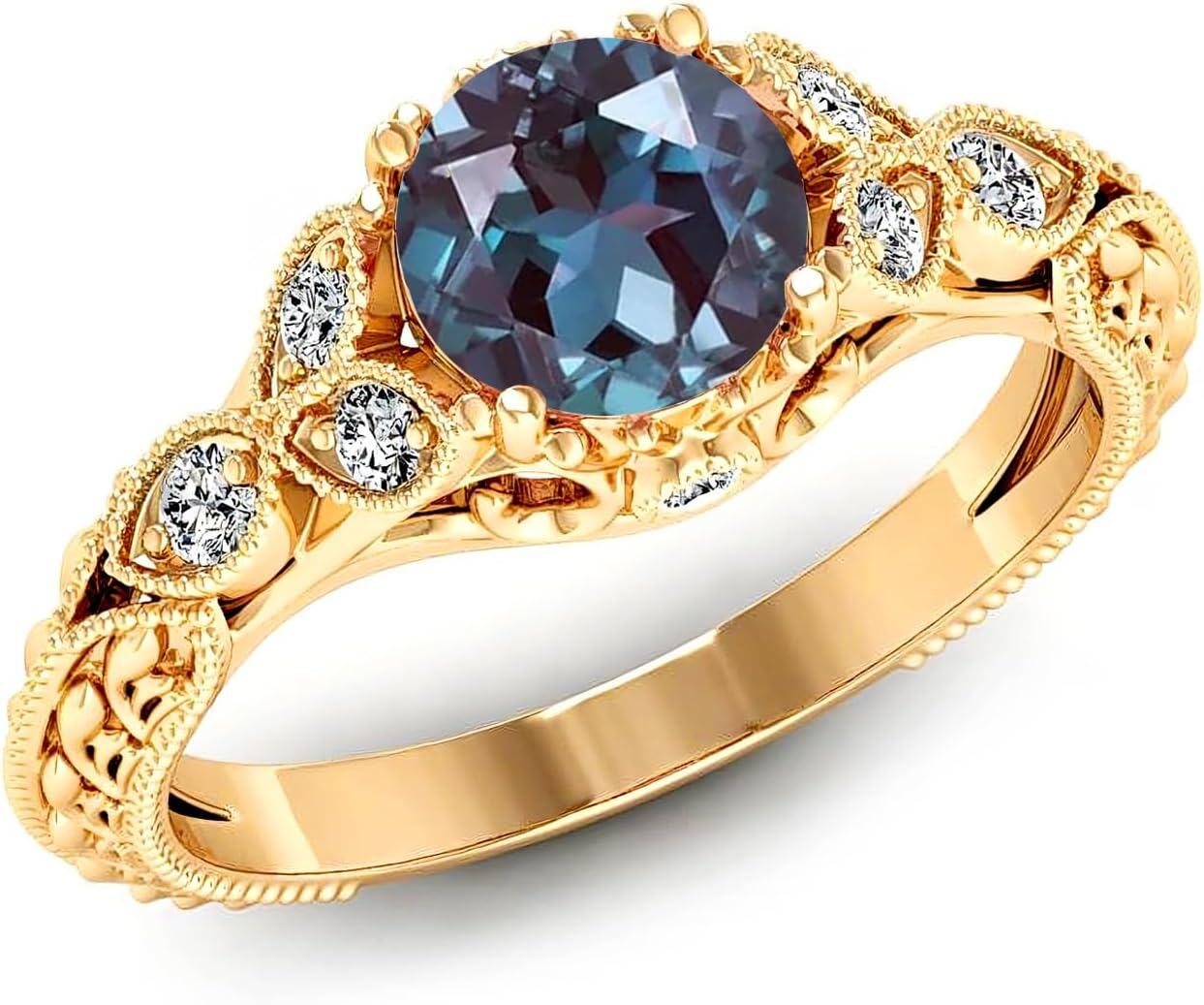 14K Gold Round Cut Gemstone Vintage Engagement Ring for Women 1ct-Pink Tourmaline-Moissanite-Created Alexandrite-Created Opal-Created Sapphire