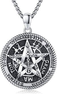 wholesale 925 Sterling Silver Tetragrammaton Pentagram Pendant Amulet Necklace with Rope Edge and Symbols -A-Tetragrammaton