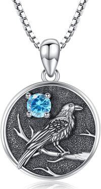 wholesale Silver Synthetic Stone Raven Pendant Crow Round Necklace Gift for Women-March - Aquamarine