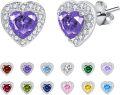 wholesale 925 Sterling Silver Cubic Zirconia 12 Birthstone Heart Stud Earrings-0-0
