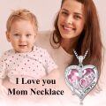 wholesale S925 Sterling Silver & Crystal Heart Necklace, October Birthstone Gift for Mom, I Love You Mom Pendant, 0.83in, 14K Gold Plated-0-1