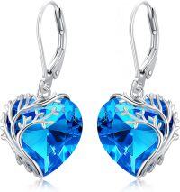 wholesale 925 Sterling Silver Blue Heart-Shaped Crystal Tree of Life Dangle Earrings for Women-Tree of Life Earrings-Blue Crystal