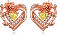 wholesale 925 Sterling Silver Rose Heart Birthstone Stud Earrings for Women-11 Nov - Citrine