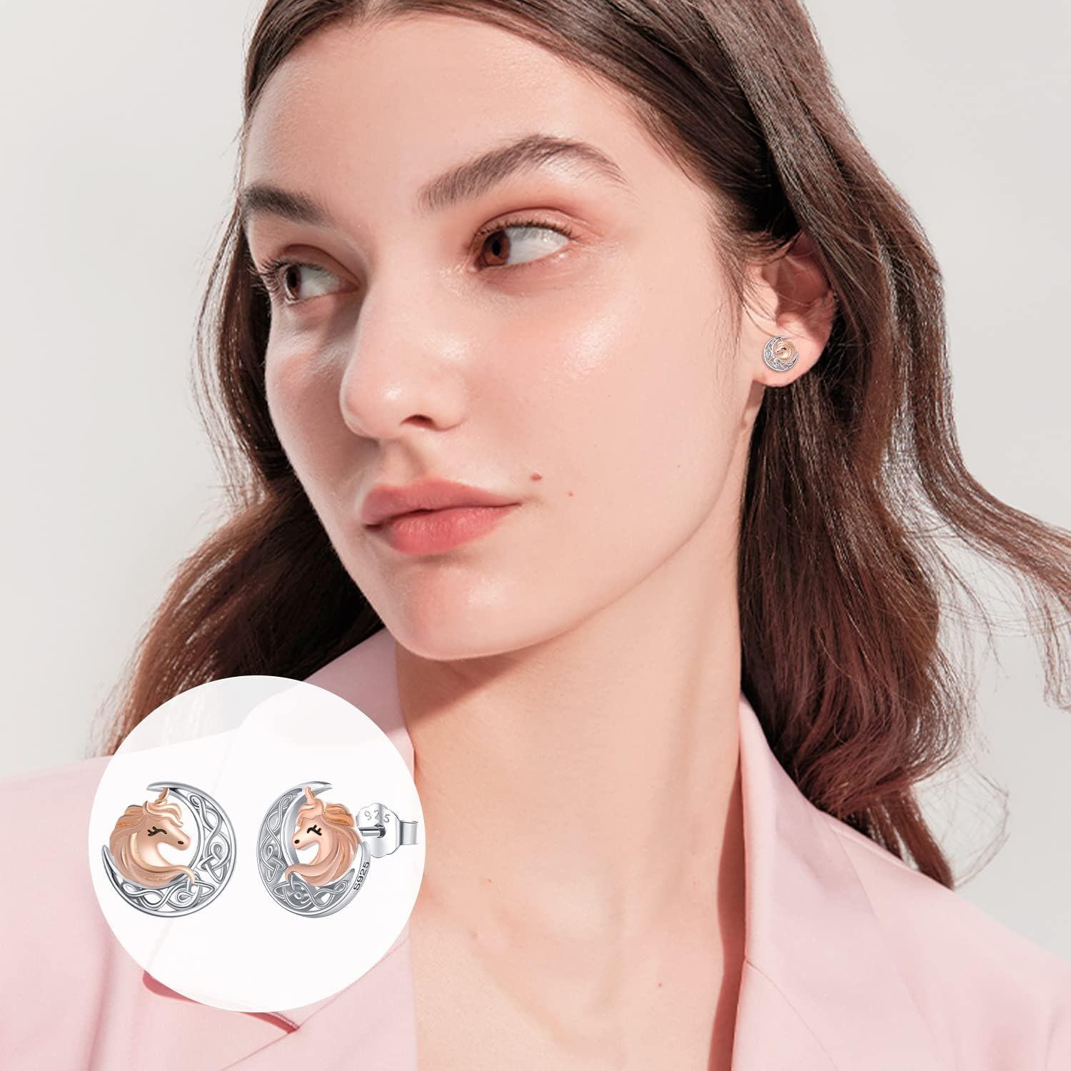 wholesale 925 Sterling Silver Unicorn Moon Stud Earrings-0-4