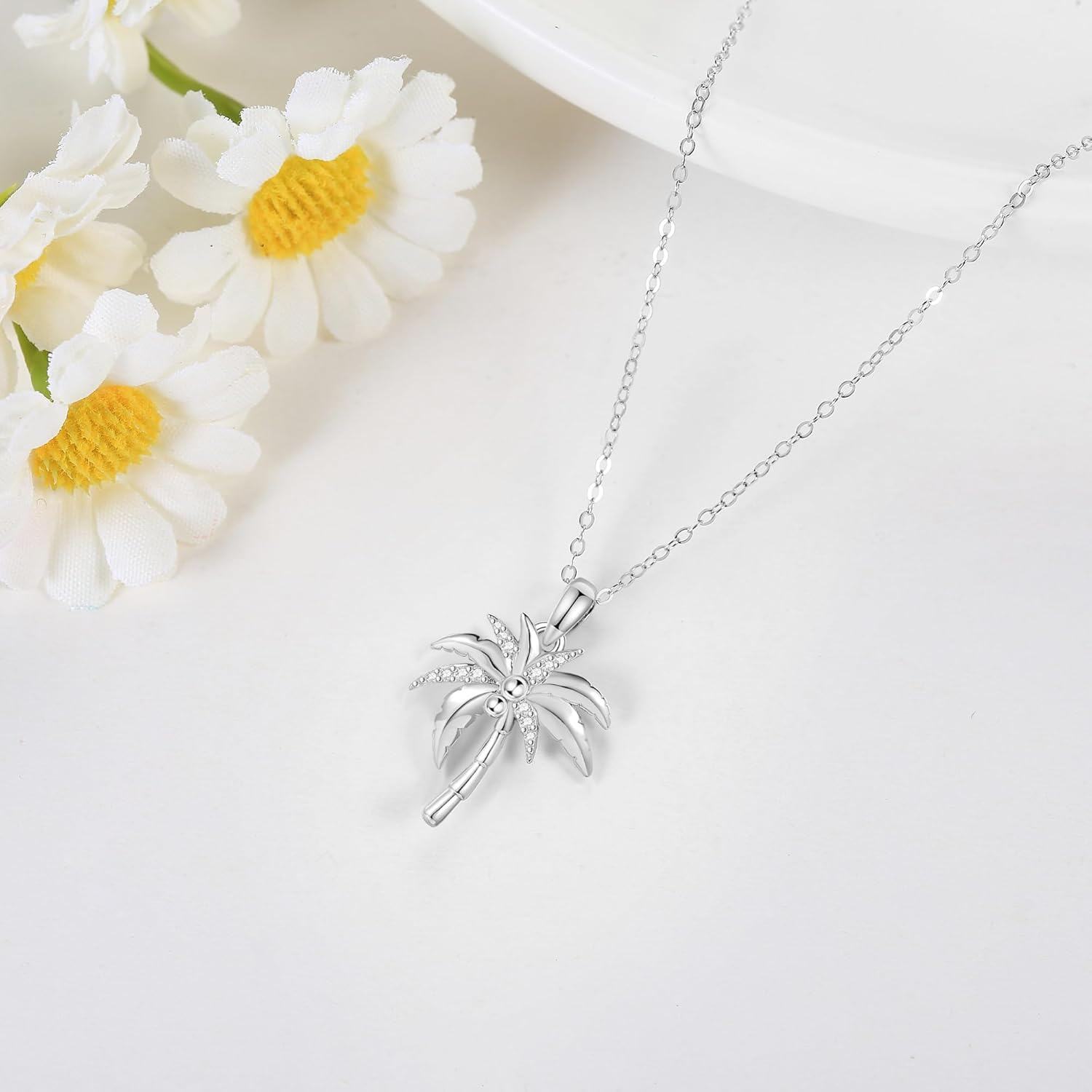 wholesale 925 Sterling Silver Coconut Palm Tree Pendant Necklace with CZ Stones and Chain 24-0-2