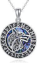 wholesale 925 Sterling Silver Viking Wolf with Runes & Abalone Shell Pendant Necklace-0-0