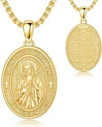 wholesale 925 Sterling Silver Saint Jude Thaddeus Medal Cross Pendant Necklace -A06-Saint Jude-Gold(Oval)