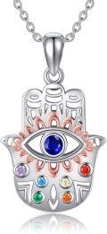 wholesale 925 Sterling Silver Evil Eye Hamsa Hand Pendant Necklace with Multi-Colored Stones and Chain for Women Girls  48cm Length-0-0