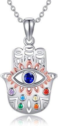 wholesale 925 Sterling Silver Evil Eye Hamsa Hand Pendant Necklace with Multi-Colored Stones and Chain for Women Girls  48cm Length-hamsa