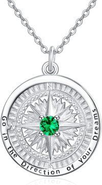 wholesale 925 Sterling Silver Compass Birthstone Necklace - 24mm, 18-20 Chain, Hypoallergenic, Gift for Women-E01-May