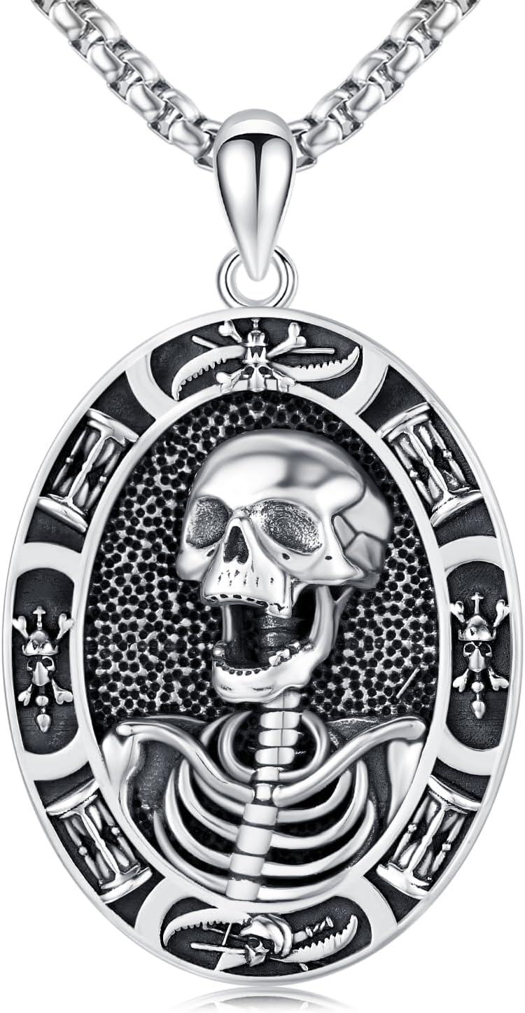 Sterling Silver Stone Marcus Aurelius Skull Memento Mori Necklace-0-0