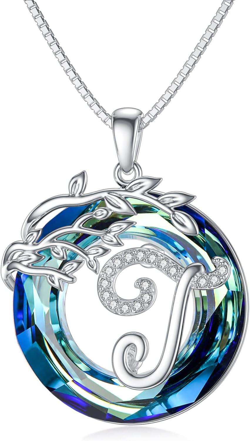 Sterling Silver Blue Crystal Tree of Life A Z Letter Pendant Necklace-Alphabet T
