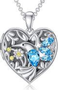 wholesale 925 Sterling Silver Blue Crystal Hummingbird Heart Locket Necklace for Women and Girls-0-0