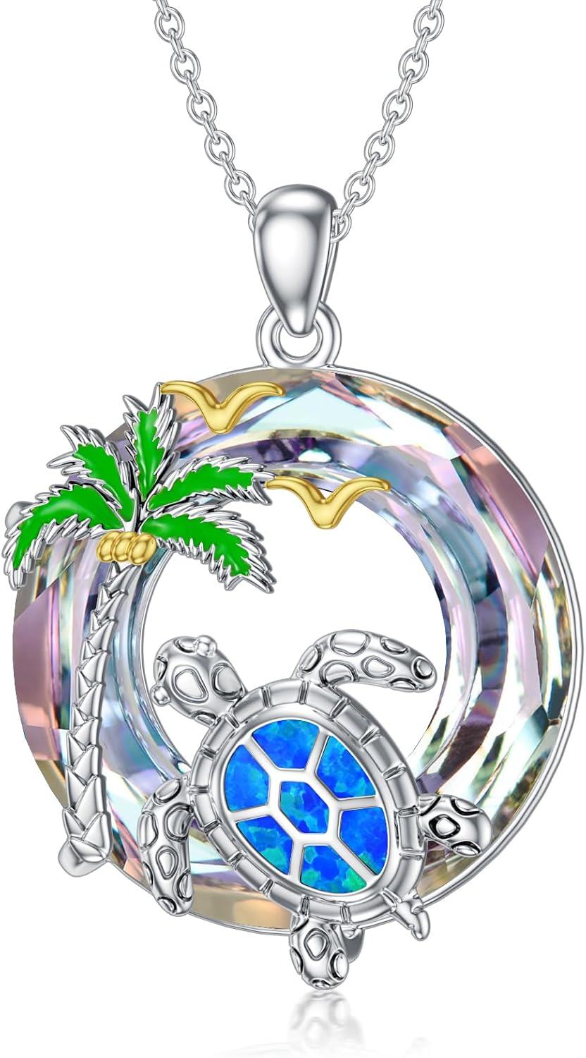 Sterling Silver Crystal Turtle Necklace for Women-Purple-Palm Tree