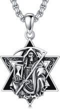 wholesale 925 Sterling Silver Grim Reaper in Star of David Pendant Necklace-0-0