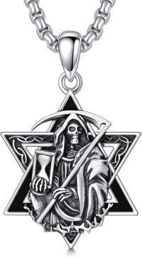 wholesale 925 Sterling Silver Grim Reaper in Star of David Pendant Necklace-Santa Muerte
