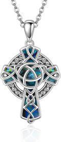 wholesale 925 Sterling Silver Celtic Knot Cross with Blue Abalone Shell Inlay Pendant Necklace for Women Men  48cm Chain Length-0-0