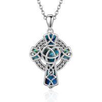 wholesale 925 Sterling Silver Celtic Knot Cross with Blue Abalone Shell Inlay Pendant Necklace for Women Men  48cm Chain Length-Celtic Cross