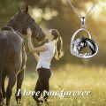 wholesale 925 Sterling Silver Black Enamel Horse & Girl Heart-Shaped Pendant Necklace w/ Cubic Zirconia Stones for Women-0-4