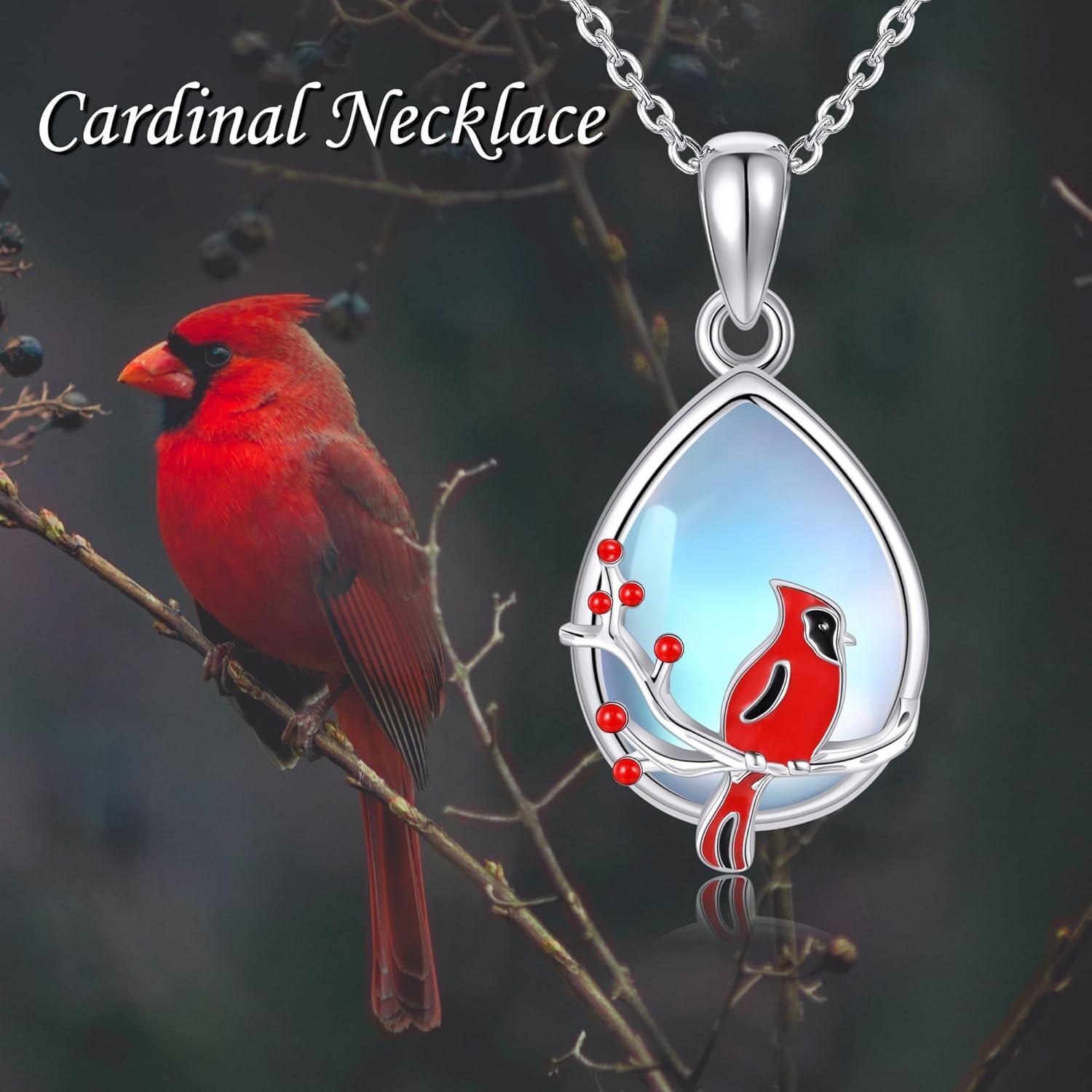 Sterling Silver Moonstone Penguin Cardinal Necklace Cute Animal Pendant Jewelry Gift for Women-0-5