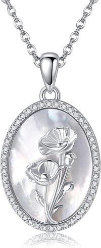 wholesale 925 Sterling Silver Oval Mother of Pearl Poppy Flower Pendant Necklace s for Women-August-Poppy Flower