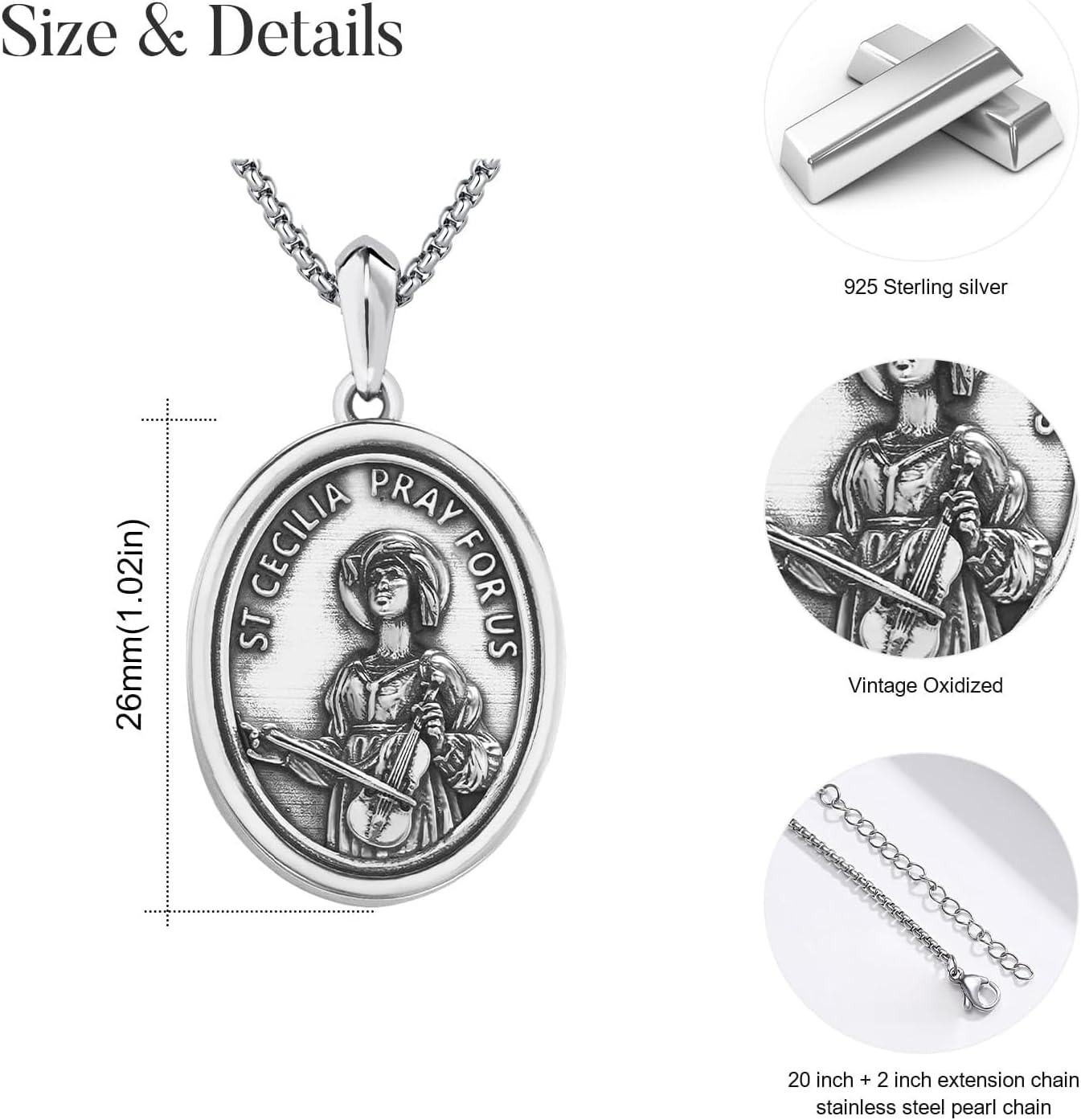 925 Sterling Silver St Cecilia Oval Medal Prayer Jewelry for Women Girls Christian Gift-0-3