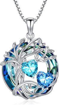 wholesale 18K White Gold Filled Sterling Silver Family Tree Pendant with 2 Heart Birthstones Blue Austrian Crystal Necklace for Women-03-12-Mar-Dec Birthstone