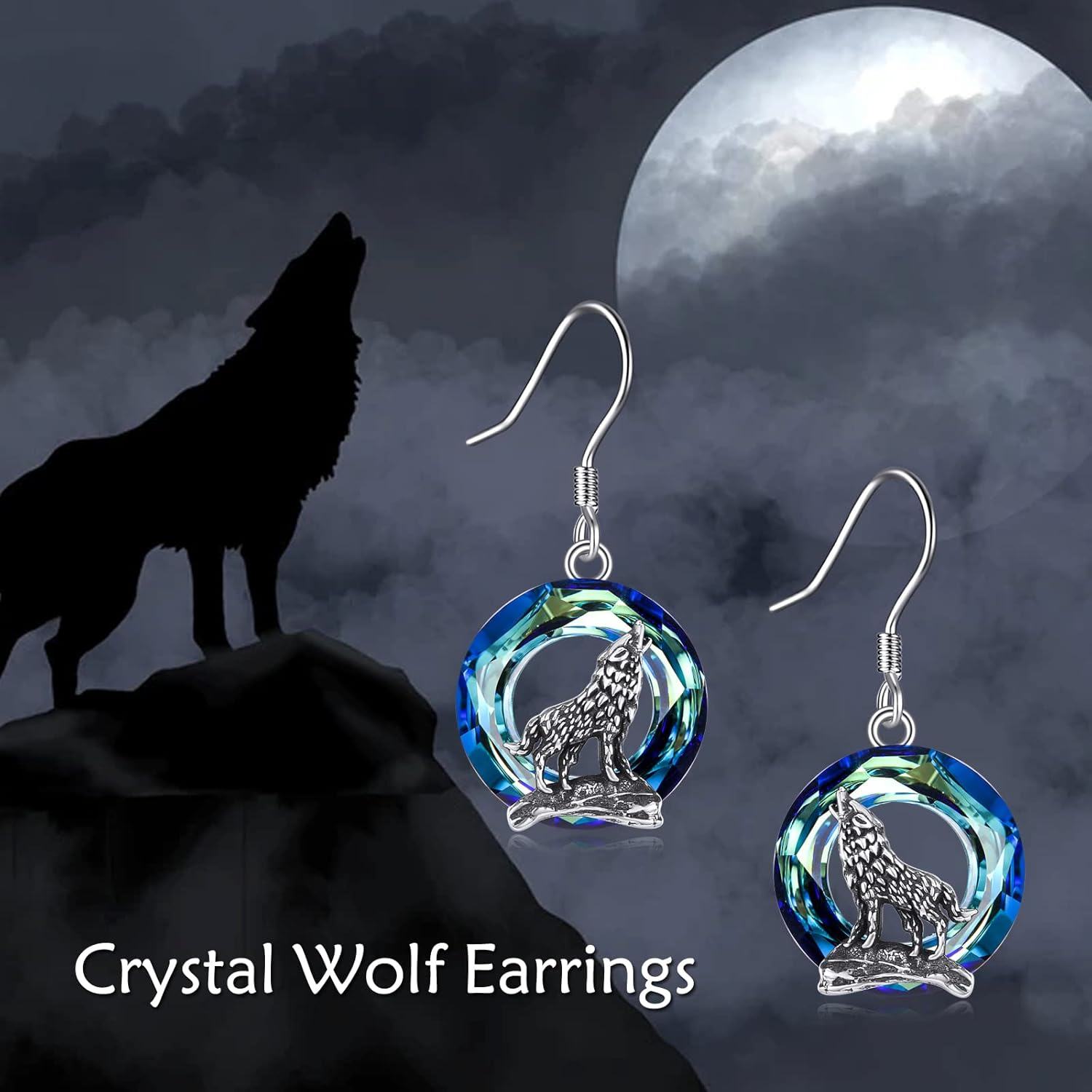 Sterling Silver Moon Stone Norse Celtic Wolf Dangle Drop Earrings-0-5