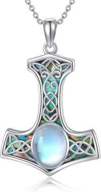 wholesale 925 Sterling Silver Moonstone Viking Thor's Hammer Pendant Necklace with Abalone Shell Inlay Norse Jewelry for Men Women-moonstone mjolnir