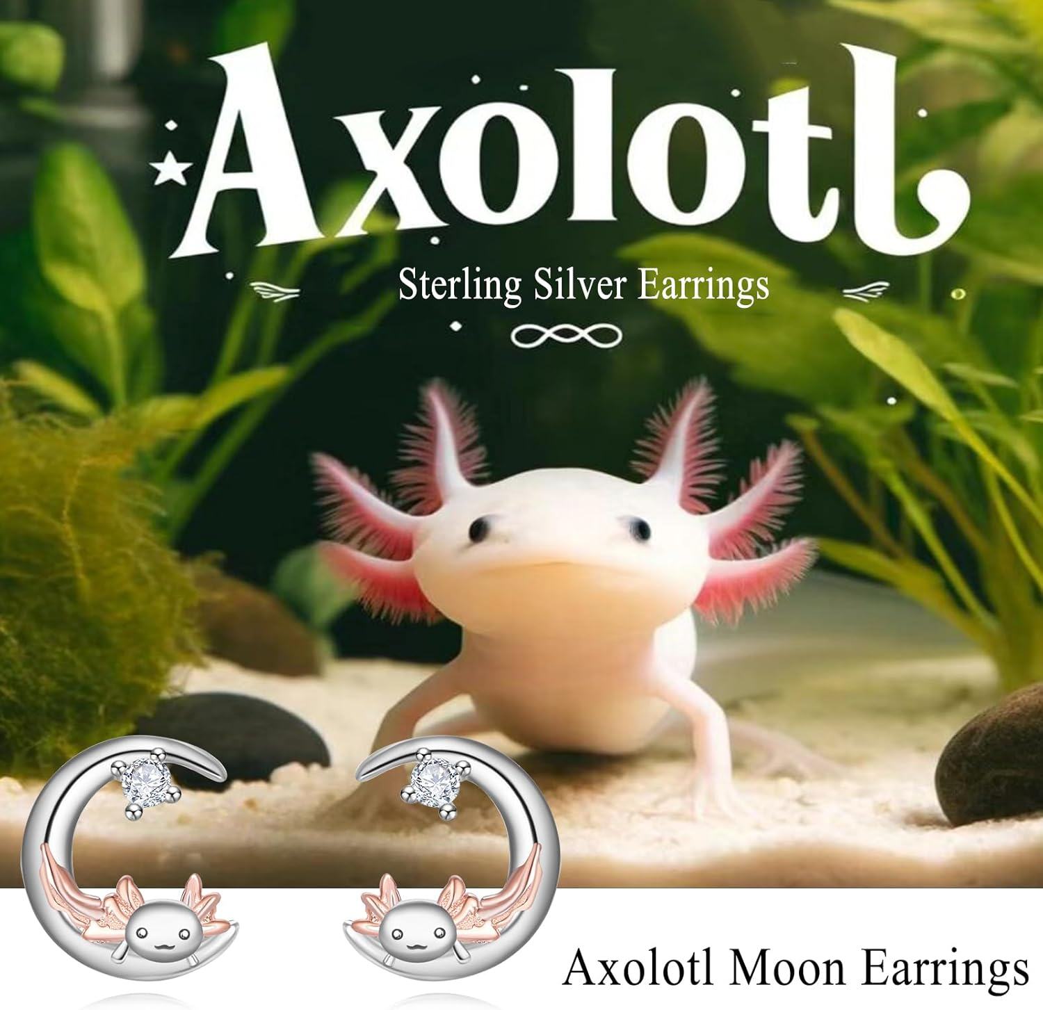 925 Sterling Silver Axolotl Moon Stud Earrings with Rose Gold Accents and Cubic Zirconia Stones for Women-0-2