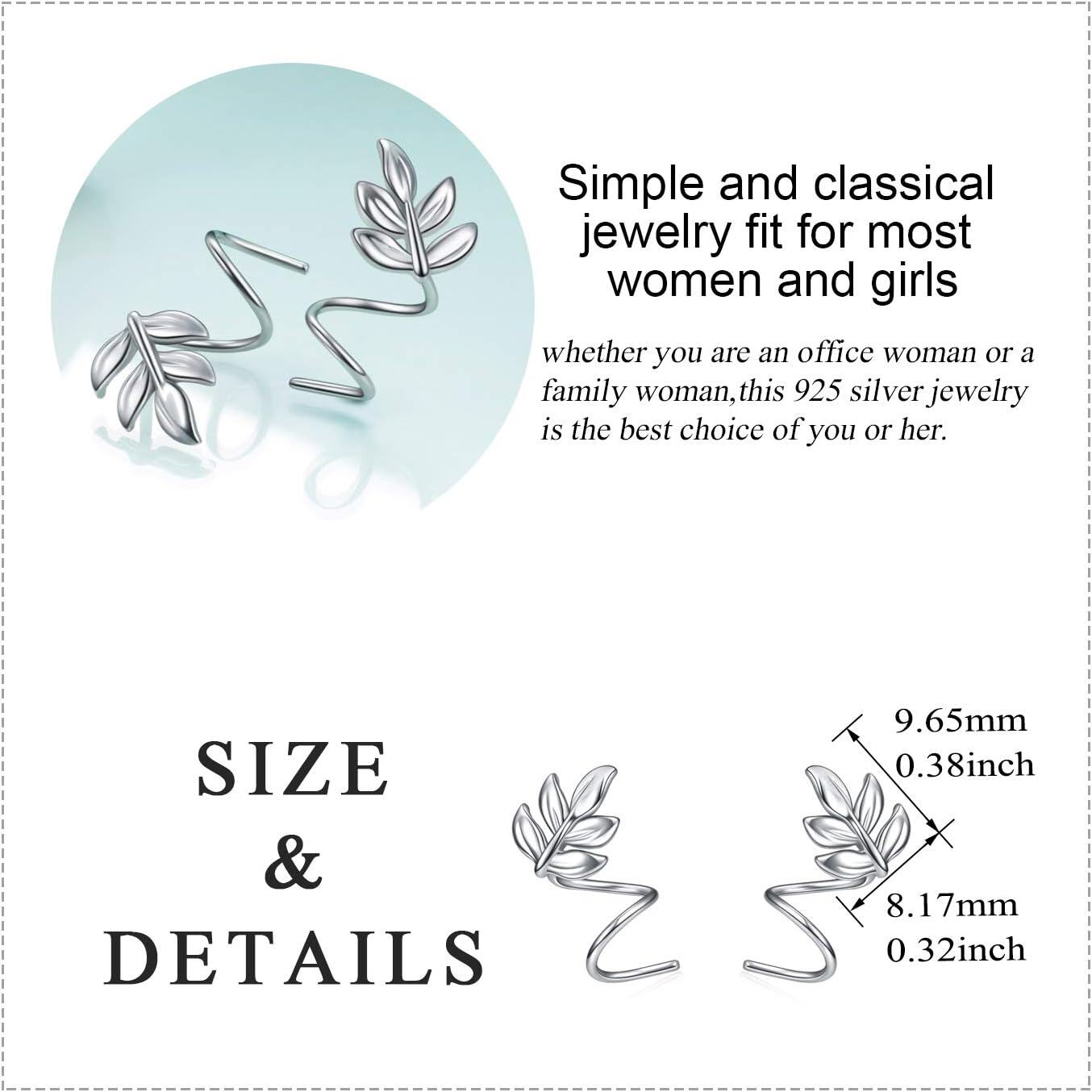 925 Sterling Silver Leaf Wrap Stud Earrings - Climbing Ear Jackets for Women and Girls-0-3