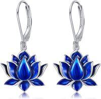 wholesale 925 Sterling Silver Blue Enamel Lotus Flower Drop Leverback Earrings-Blue