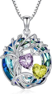 wholesale 18K White Gold Filled Sterling Silver Family Tree Pendant with 2 Heart Birthstones Blue Austrian Crystal Necklace for Women-06-08-Jun-Aug Birthstone