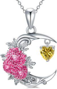 wholesale 925 Sterling Silver Birthstone Crescent Moon Floral Pendant Necklace-11-Nov-Chrysanthemum