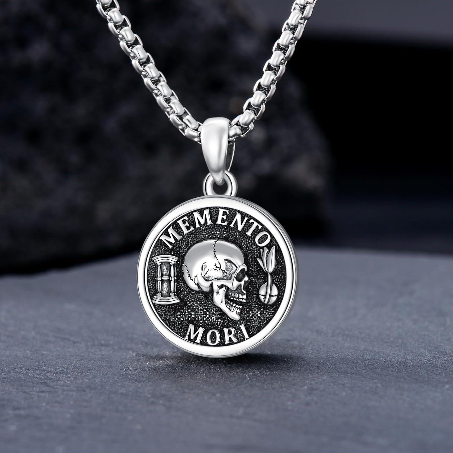 925 Sterling Silver Gothic Skull Photo Locket Pendant with Memento Mori Inscription and Fire Design - Amor Fati Theme (24 inch)-0-1