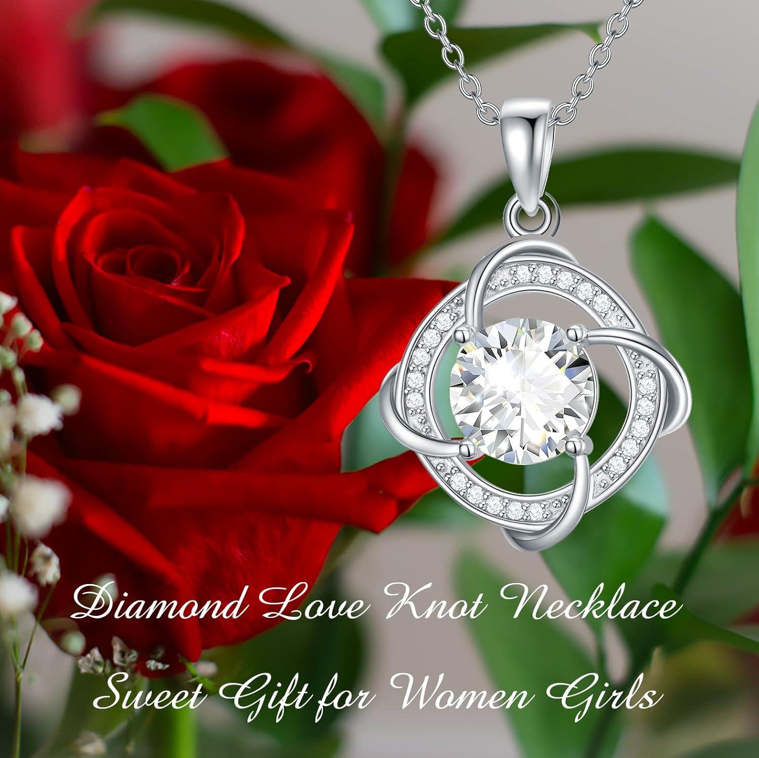 Sterling Silver 2Ct Moissanite Diamond Love Knot Pendant Necklace-0-2