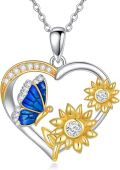 wholesale 925 Sterling Silver Butterfly & Sunflower Heart Pendant Necklace for Women Girls Valentines Day Gifts Jewelry Accessories-0-0