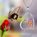 wholesale 925 Sterling Silver Heart-Shaped Pendant with Rose Flower and Butterfly Charm Necklace-0-4