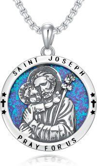 wholesale 925 Sterling Silver Round Blue Opal St Joseph Pray for Us Medal Pendant Necklace-Saint Joseph