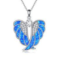 wholesale 925 Sterling Silver Abalone Shell Angel Wing Pendant Necklace with Cubic Zirconia Center Stone-Blue Opal